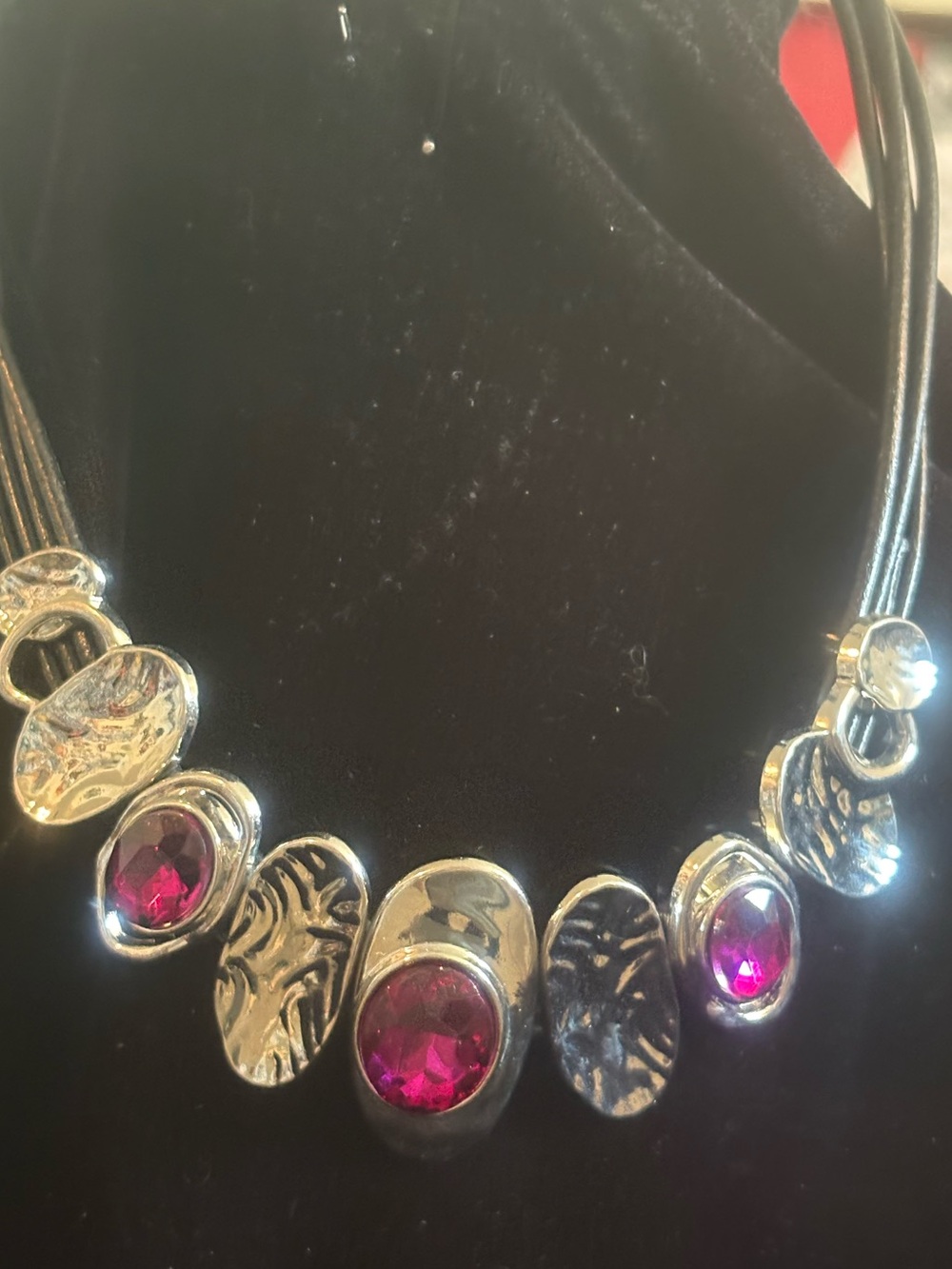 Silver Necklace with Pink Gem Accents